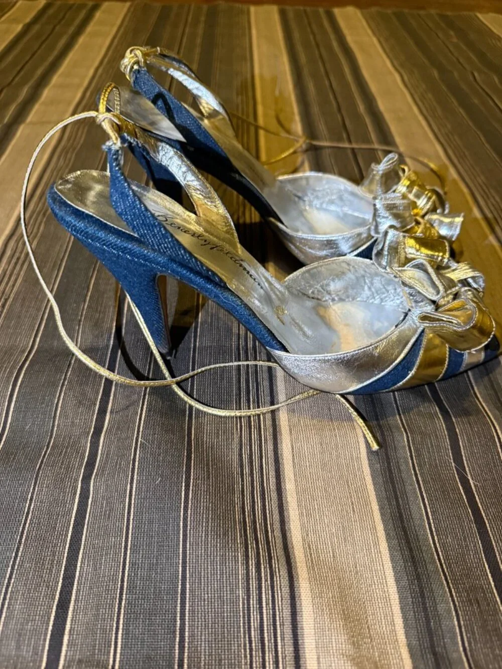 Vintage 80s Beverly Feldman Metallic Ankle-Tie Leather Spiral Heels Size 7